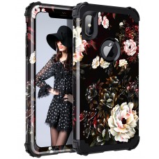 Lontect Compatible iPhone XS Max Case Floral 3 in 1 Heavy Duty Hybrid Sturdy Armor High Impact Shockproof Protective Cover Case for Apple iPhone XS Max 6.5" Display, Flower/Black